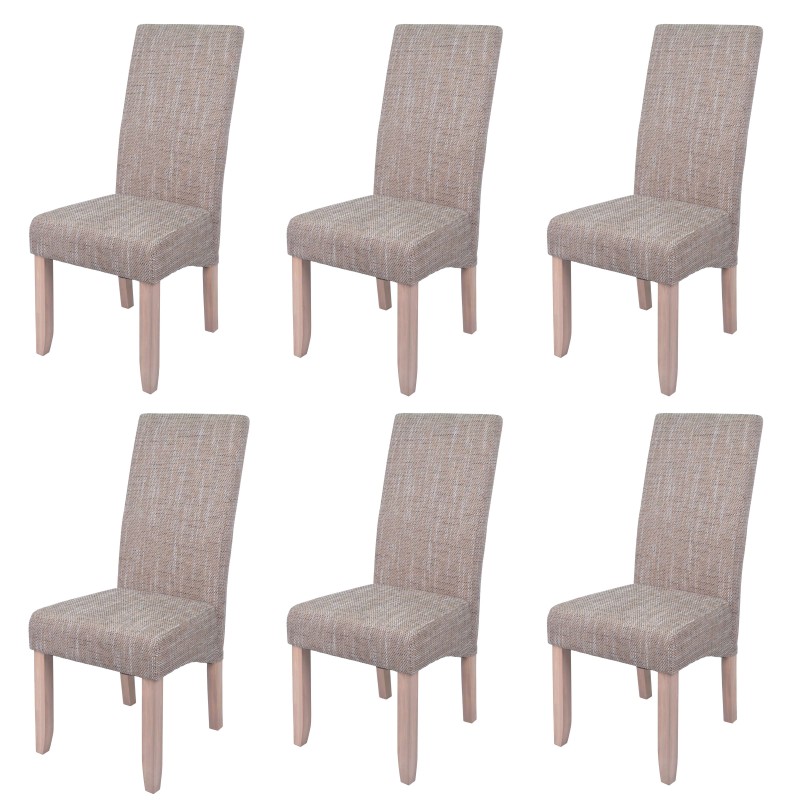 Juego de 6 sillas de comedor tapizadas en gris claro con respaldo alto y patas de madera clara