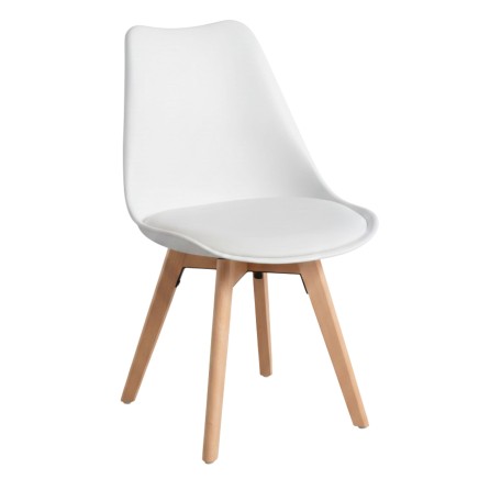 Silla de comedor asiento blanco acolchado y respaldo ergonómico con patas de madera natural