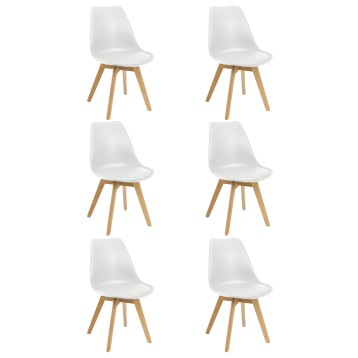 Set de seis sillas blancas con asiento acolchado y patas de madera natural estilo nórdico