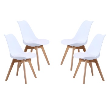 Juego de 4 sillas modernas con asiento blanco y estructura de madera natural