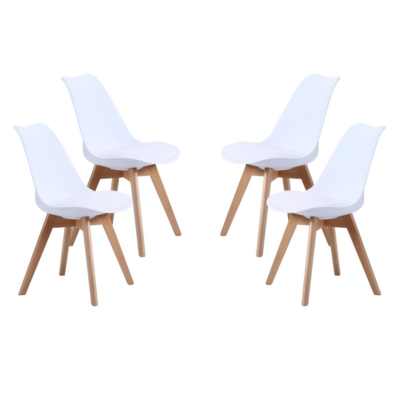 Juego de 4 sillas modernas con asiento blanco y estructura de madera natural