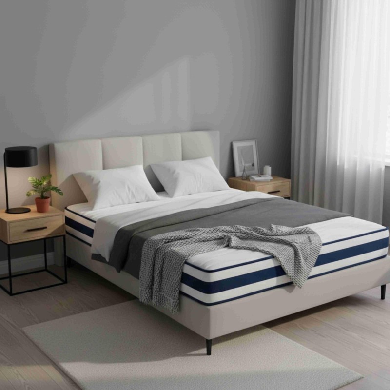 Cama tapizada beige con colchón a rayas blancas y azules en dormitorio minimalista junto a mesitas de madera y lámpara