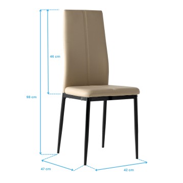 Silla tapizada en tela beige con respaldo alto y patas metálicas negras y medidas indicadas