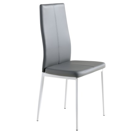 Silla de comedor con tapizado gris y respaldo alto ergonómico sobre patas metálicas blancas