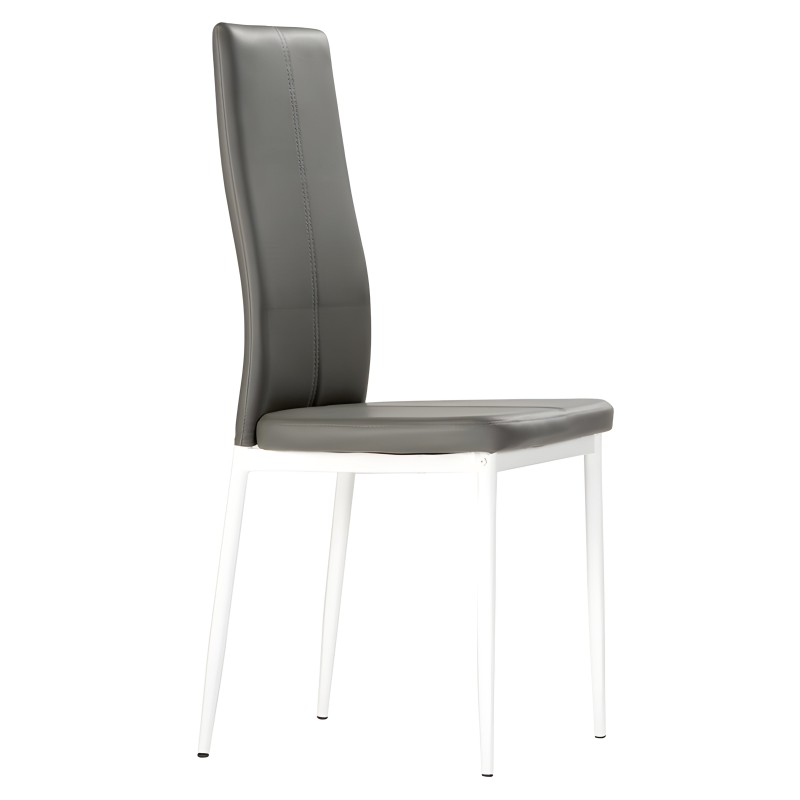 Silla de comedor con respaldo alto en cuero gris y estructura metálica blanca