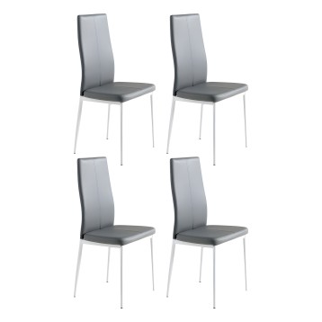 Juego de 4 sillas de comedor con asiento y respaldo acolchados en gris y estructura metálica blanca