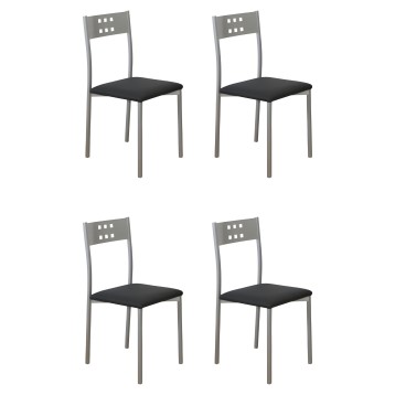 Juego de cuatro sillas de comedor con estructura metálica gris y asiento negro tapizado respaldo perforado