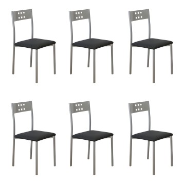 Conjunto de seis sillas con estructura metálica gris y respaldo perforado y asiento tapizado negro