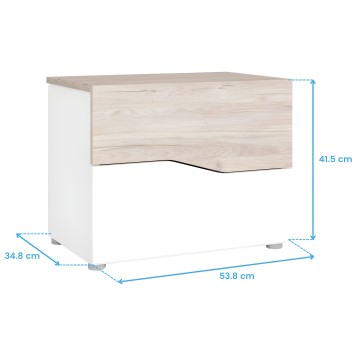 Mesita de noche blanca y madera clara con cajón ondulado y patas metálicas