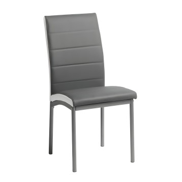 Silla de comedor tapizada en gris con respaldo acolchado y estructura metálica plateada