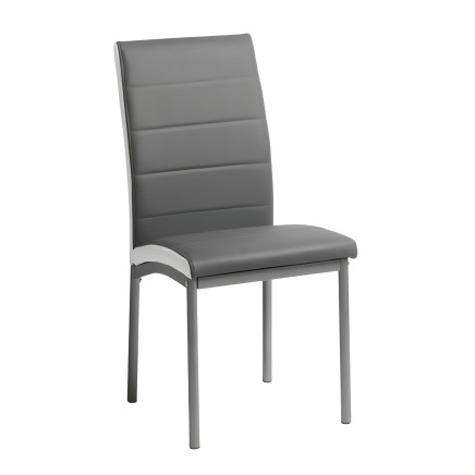 Silla de comedor tapizada en gris con respaldo acolchado y estructura metálica plateada