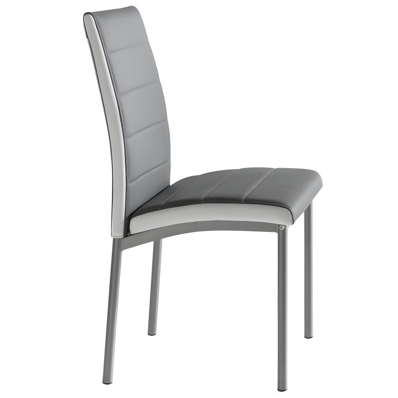 Silla de comedor con respaldo alto en piel gris y blanca con costuras y patas metálicas grises