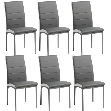 Sillas de comedor gris con respaldo acolchado y patas metálicas plateadas. Conjunto de seis unidades.