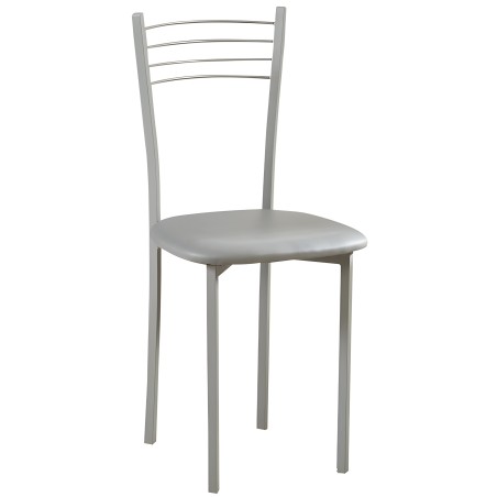 Silla de comedor con estructura metálica gris y respaldo con barras horizontales horizontales curvas