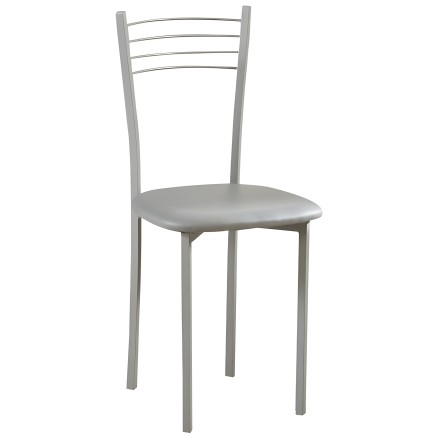 Silla de comedor con estructura metálica gris y respaldo con barras horizontales horizontales curvas