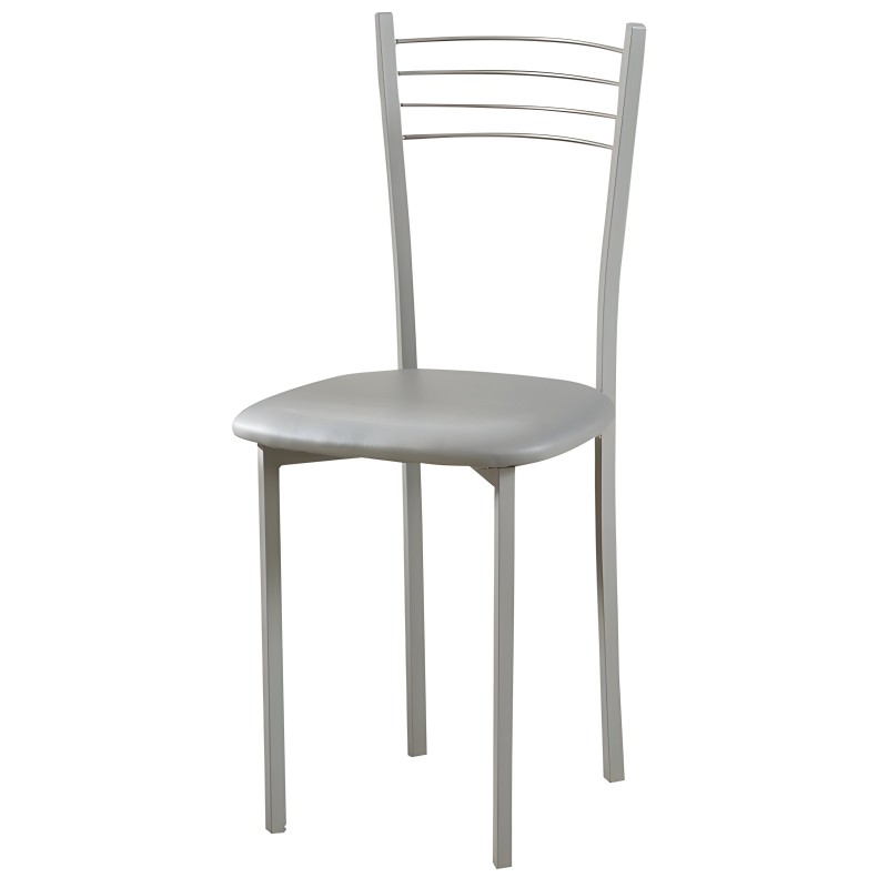 Silla de metal gris con respaldo de barras horizontales y asiento tapizado redondo
