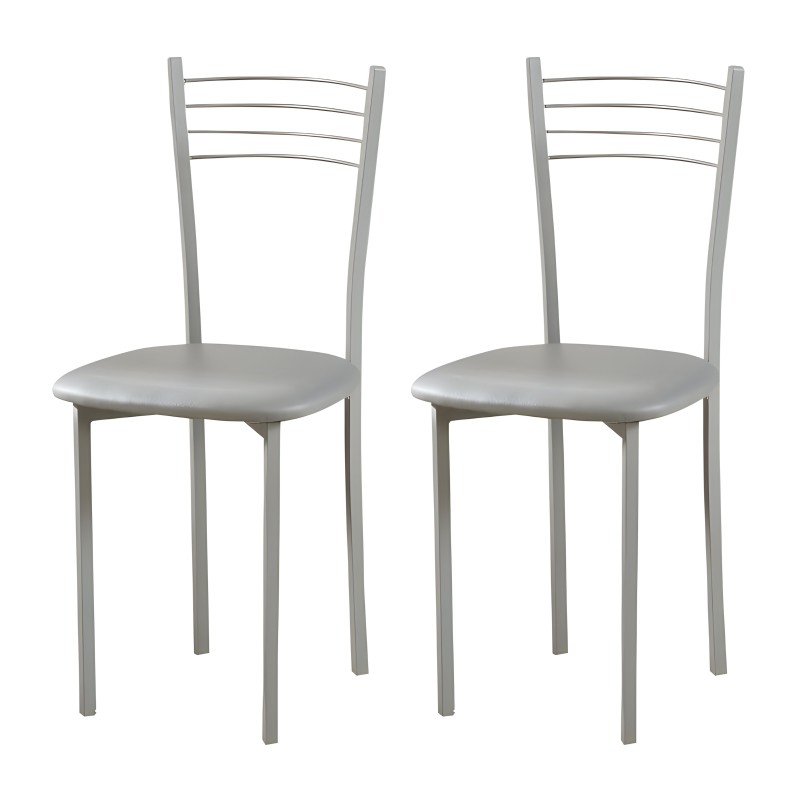 Par de sillas metálicas gris con asiento tapizado y respaldo de barras curvas
