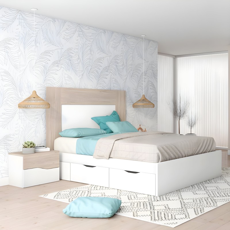 Cama con almacenamiento blanca y cabecero madera clara con ropa de cama turquesa en ambiente dormitorio