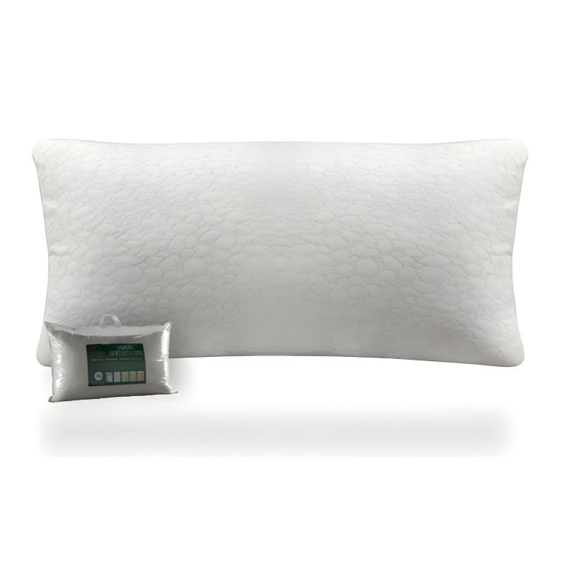 Almohada rectangular blanca acolchada con funda de protección y etiqueta informativa incluida