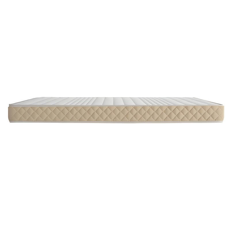 Colchón viscoelástico beige con acolchado en rombo y funda gris en vista lateral