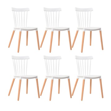 Juego de 6 sillas de comedor estilo nórdico con respaldo de varillas blanco y patas de madera natural