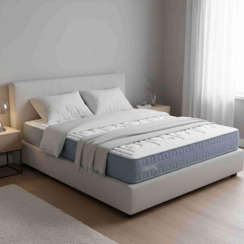 Cama tapizada en blanco con colchón gris y azul en dormitorio minimalista junto a mesitas de madera
