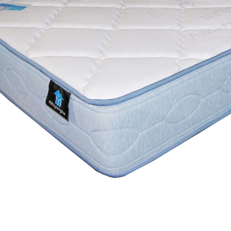 Colchón con núcleo acolchado blanco y funda azul claro con ribete azul oscuro vista de detalle lateral