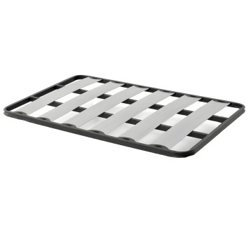 Base de cama con marco negro y láminas grises y blancas en vista superior frontal