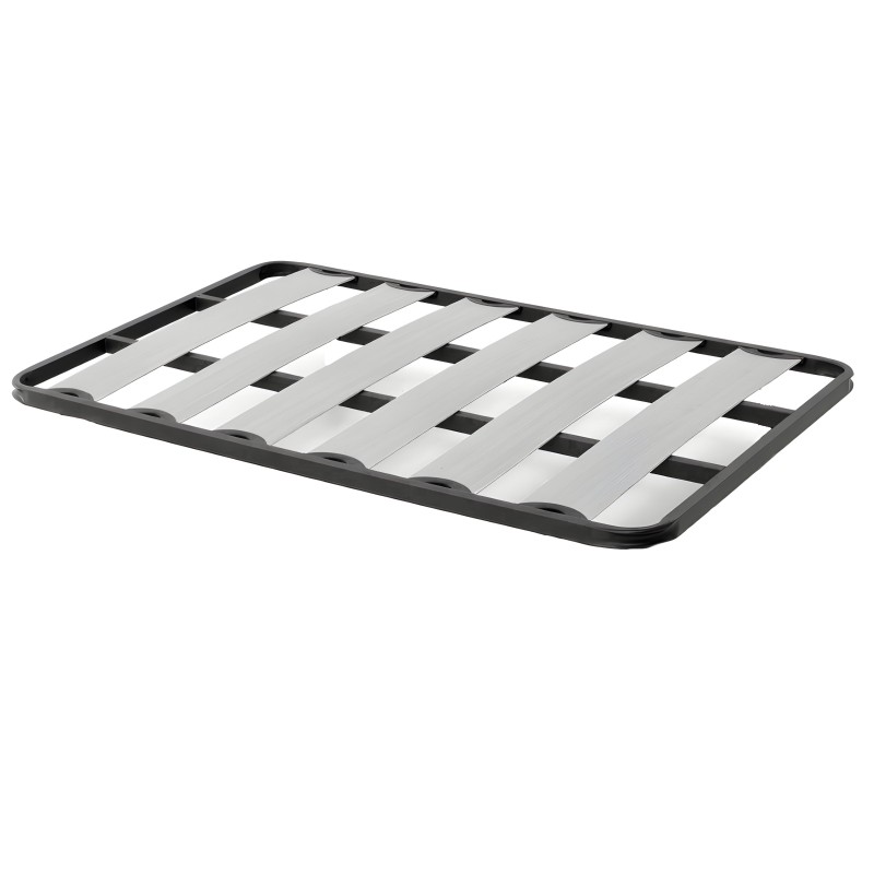 Base de cama con marco negro y láminas grises y blancas en vista superior frontal