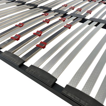 Somier metálico con láminas de acero y soportes rojos ajustables detalle de estructura