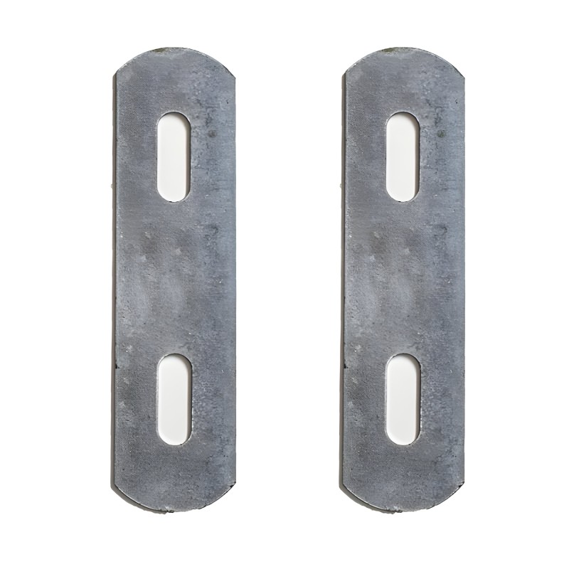 Pareja de placas de fijación metálicas galvanizadas con ranuras ovaladas para tornillos y anclajes