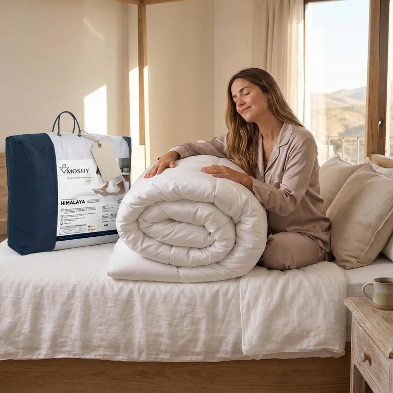 Edredón blanco enrollado sobre cama con mujer tocándolo y embalaje azul marino visible en ambiente de dormitorio