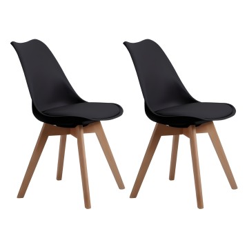 Conjunto de dos sillas de diseño moderno con asiento negro y respaldo curvo sobre patas de madera natural