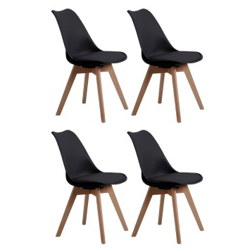 Set de 4 sillas de comedor asiento negro y respaldo ergonómico con patas de madera natural