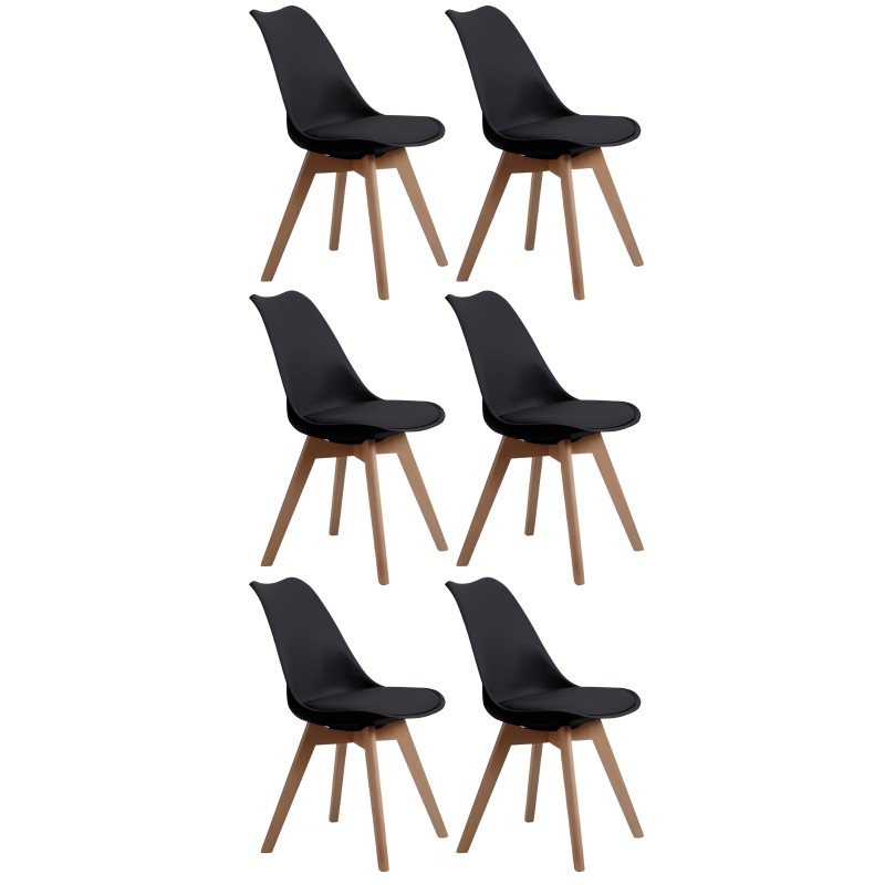 Juego de 6 sillas modernas con asiento negro y patas de madera clara estilo nórdico