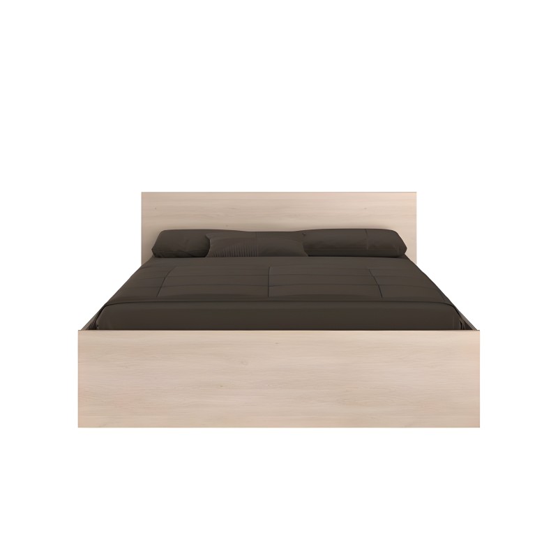 Cama matrimonial con estructura de madera clara y colchón tapizado gris oscuro con almohadas a juego