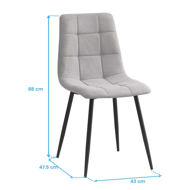 Silla tapizada en tela gris claro con respaldo acolchado y patas metálicas negras vista frontal