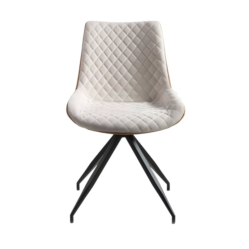 Silla giratoria tapizada en blanco con pespunte en rombo y base negra de cuatro patas