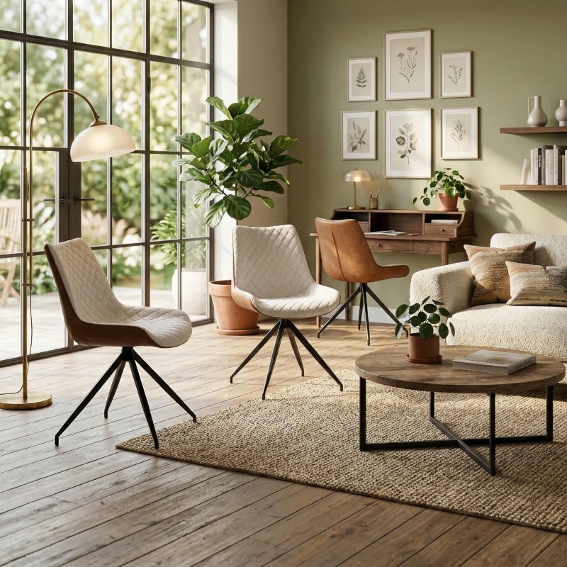 Sala de estar con sillas giratoria de tapizado acolchado en beige y marrón y patas metálicas negras alrededor de mesa de centro 