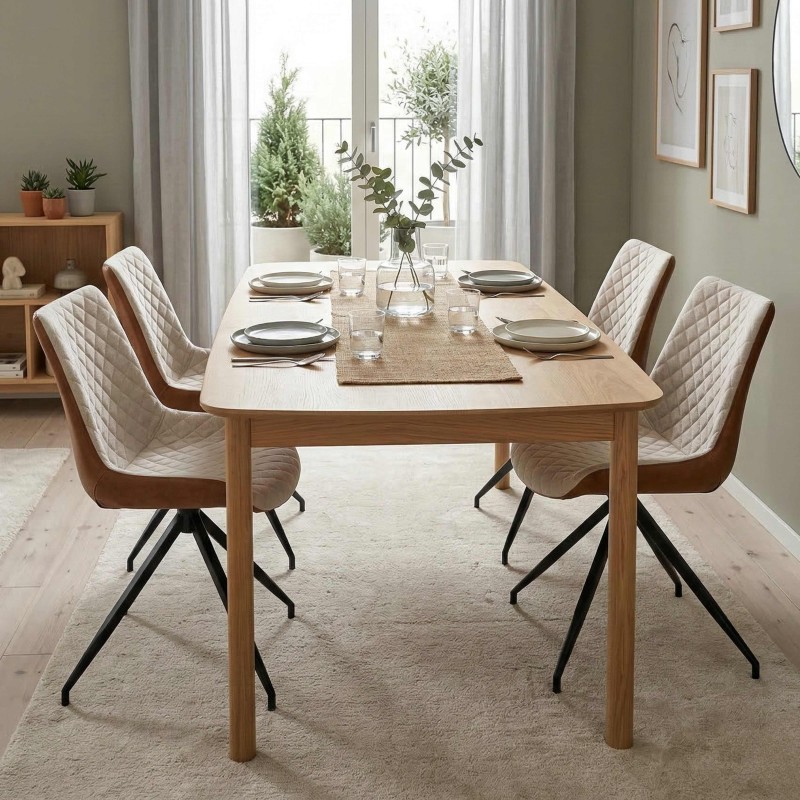 Comedor con mesa rectangular en madera clara y cuatro sillas tapizadas en crema con patas negras en ambiente luminoso junto a ve