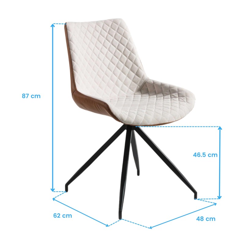 Silla giratoria con asiento tapizado en blanco y respaldo acolchado con costuras en rombo y base metálica negra