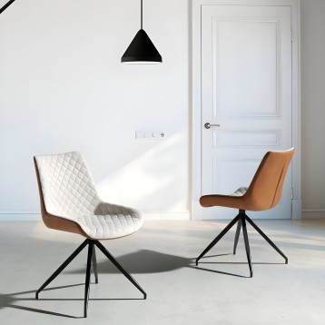 Sillas modernas con asiento acolchado y respaldo curvo en blanco y marrón sobre base negra en ambiente minimalista