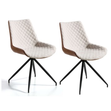 Par de sillas de comedor con asiento acolchado blanco y respaldo marrón sobre base negra giratoria
