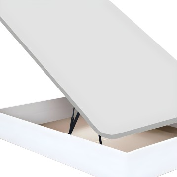 Cama abatible blanca con estructura metálica y somier beige en detalle de apertura