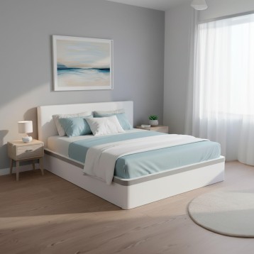 Cama doble de madera blanca con cabecero tapizado y detalles en gris en dormitorio moderno