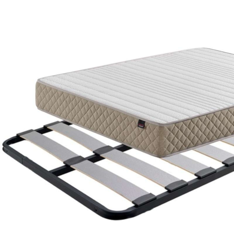 Colchón acolchado beige y blanco con base de somier de láminas y estructura negra