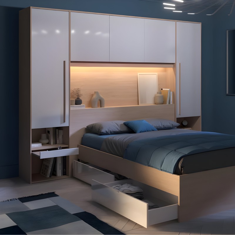 Cama con cabecero integrado blanco y madera con iluminación LED y almacenaje