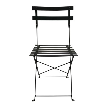 Silla plegable de metal negro con respaldo y asiento de listones horizontales
