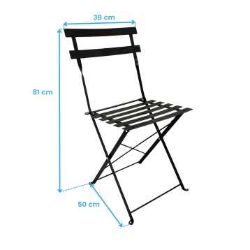 Silla plegable de metal negro con respaldo y asiento de láminas en vista frontal con medidas