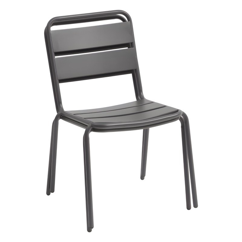 Silla gris oscuro con estructura metálica y respaldo con listones horizontales